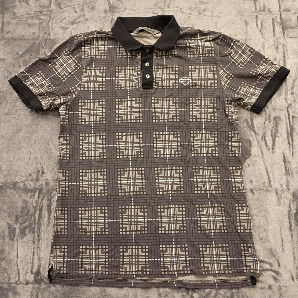 Harley Davidson Men's Polo Shirt Slim Fit Plaid Print Short Sleeve Large